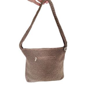 The Sak Crochet Shoulder Bag Small Tote Beige Purse Zipper Closure Boho Beachy